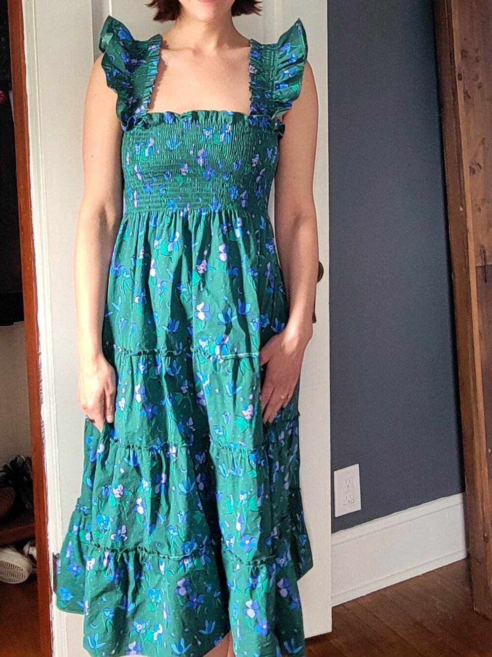 Hill House Green Floral Midi Dress with Blue & Purple Accents